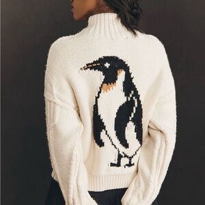 Pilcro Cream Knit Sweater with Penguin Design
